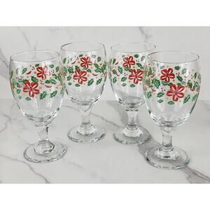 Libbey Christmas Holly and Ribbon Water Goblets 16oz Holiday 80s x4 USA Vintage